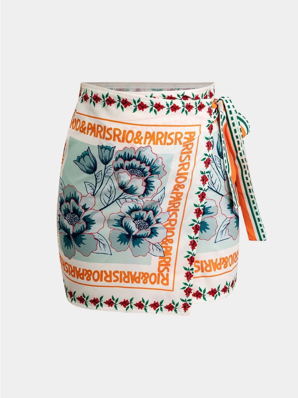 193. Micas XL Retro Floral Print Knotted Wrap Mini Skirt - Picture 1 of 3